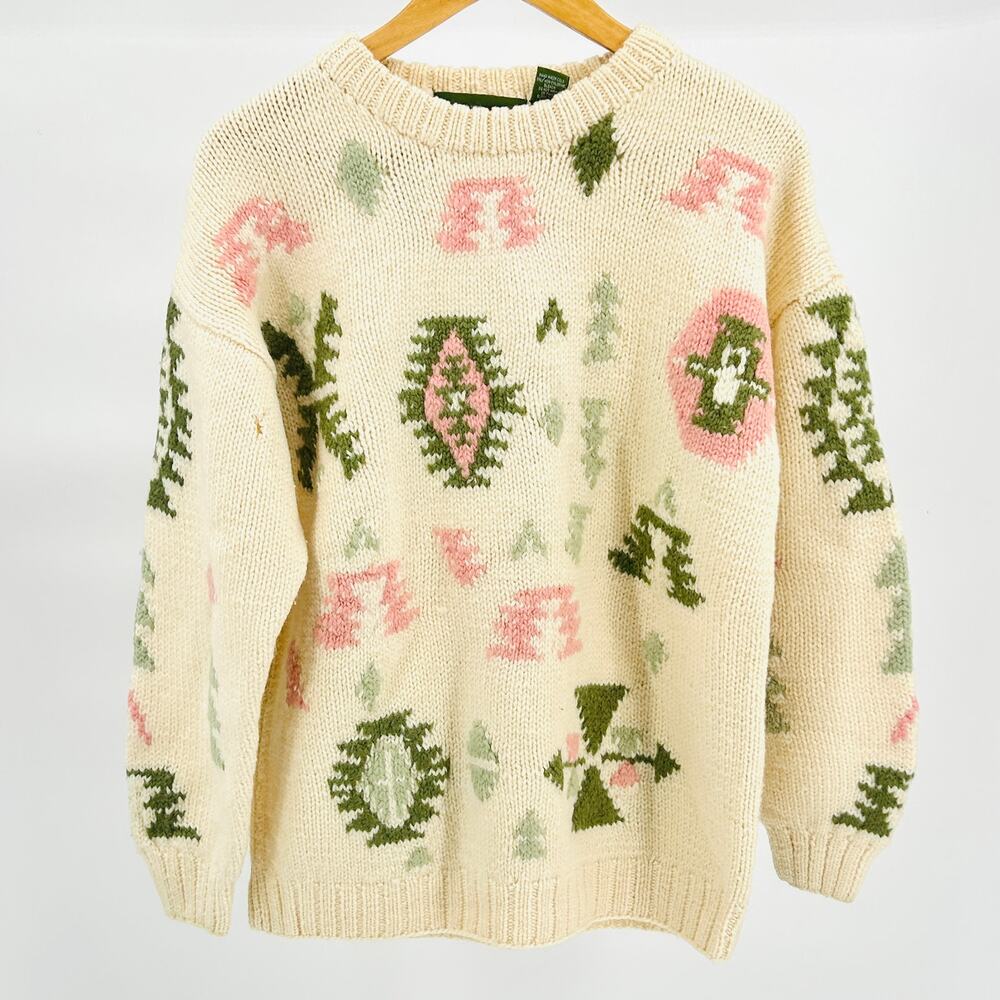 Vintage 80s Outback Red Cream Wool Heavy Knit Geometric Pastel Sweater - Picture 1 of 8